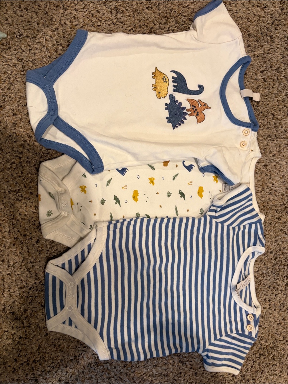 chick pea Blue & White Dino and Stripe Baby Bodysuit Set